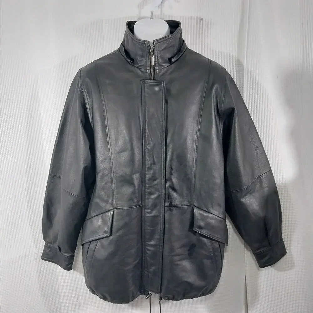 CROFT & BARROW! LUXE BLACK GENUINE LEATHER THERMAL LINED COAT, JACKET! SZ M
